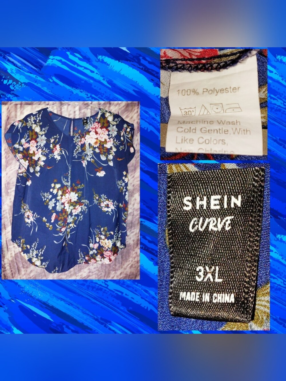 Shein Curve Navy Blue/Multicolor Floral Print S/S Soft Woven Top 3XL(18/20/22)
